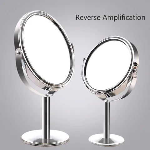 European Double Sided HD Magnifying Makeup Mirror Rotating Desktop Table Mirror Metallic Texture Silver Vanity Mirror For Bedroom Dormitory