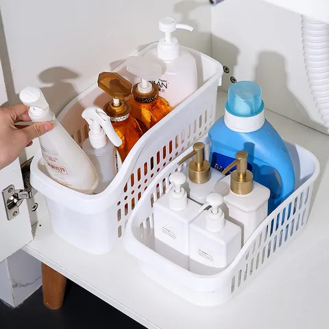 Cesta de Almacenamiento de Plástico Calado Minimalista Moderno para Cocina Baño Escritorio Organización de Artículos Varios Blanco Rectangular