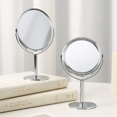 European Double Sided HD Magnifying Makeup Mirror Rotating Desktop Table Mirror Metallic Texture Silver Vanity Mirror For Bedroom Dormitory
