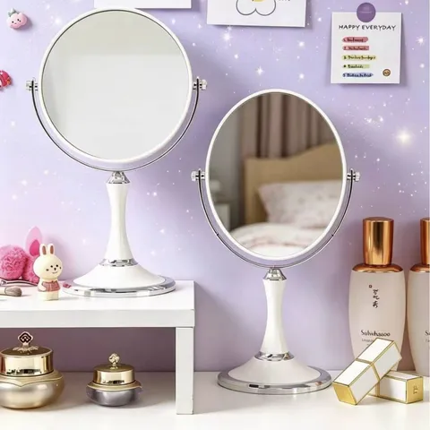 Hochauflösende Doppelseitige Vergrößerung Desktop Schminkspiegel 3X Rotation Rund Oval Spiegel Für Schlafzimmer Weiß Kunststoff Glas