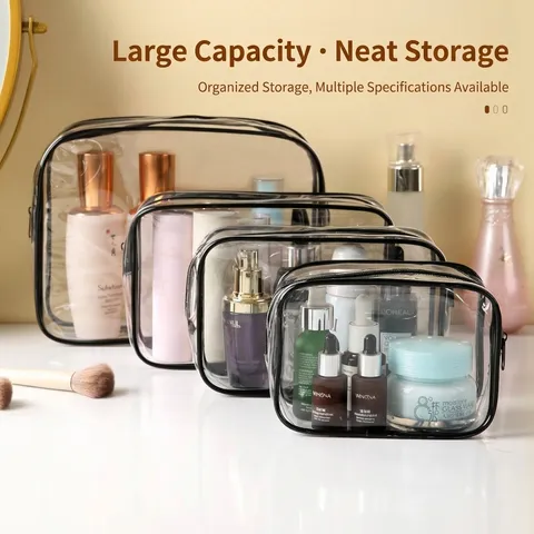 Juego de Bolsas de Aseo Impermeables de PVC Transparente con Borde de Contraste Negro Neceser de Maquillaje Claro Viaje Bolsas de Almacenamiento Organizador Para Mujeres Hombres