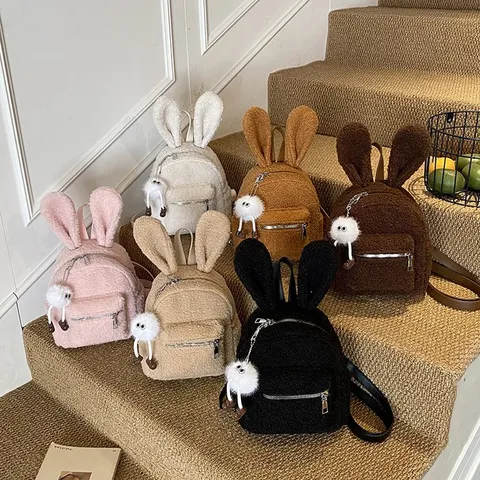 Bonita Mochila de Peluche con Orejas de Conejo para Niños Mochila Escolar de Nailon y Pelo Sintético para Niñas con Colgante