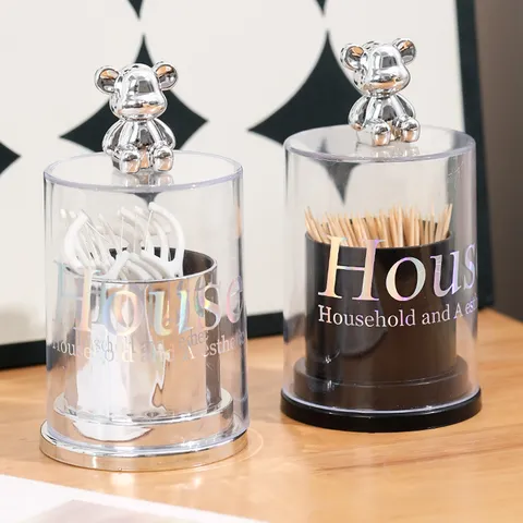 Light Luxury Bear Handle Cotton Swab Holder Transparent PET Plastic Toothpick Storage Box Dustproof Organizer For Home Bathroom