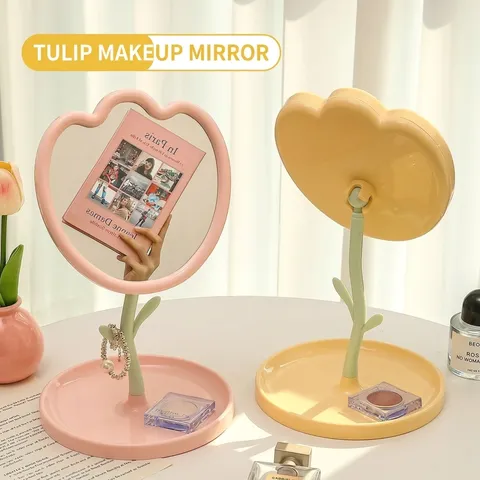 Ästhetischer Tulpenblüten Desktop Schminkspiegel Mit Aufbewahrungsbasis Ins Stil Verstellbarer Kosmetikspiegel Für Schlafzimmer Schminktisch