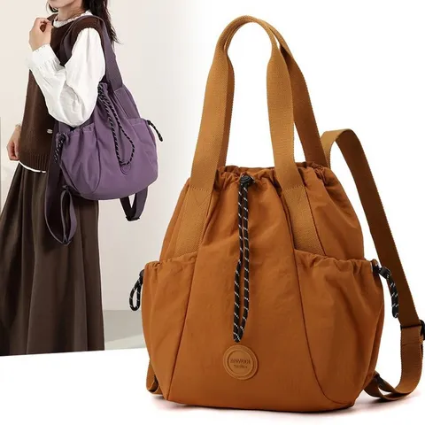 2025 New Women's Lightweight Nylon Tote Bag Large Capacity Water Repellent Commuter Shoulder Bag Drawstring Casual Handbag