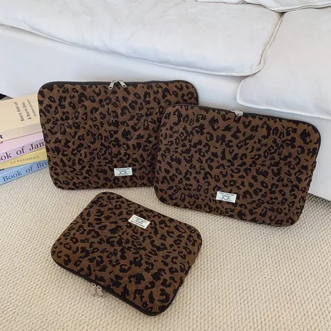 Leopard Print Laptop Sleeve Canvas Quilted Protective Case For Tablet Macbook Notebook Shockproof Inner Bag Office Travel Bag