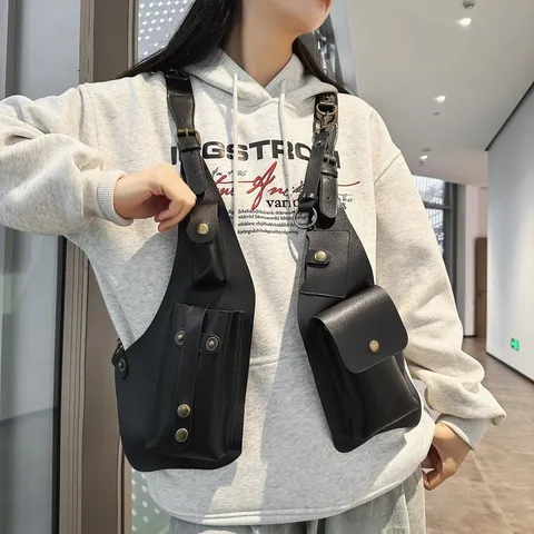 Tactical Techwear Polyurethane Leather Vest Chest Bag For Men Women Adjustable Harness Cycling Outdoor Anti-Theft Sling Bag Black