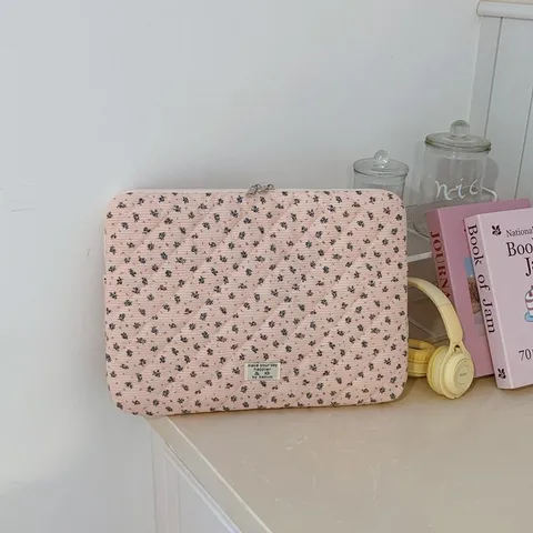 Korean Fashion Floral Quilted Laptop Sleeve Padded Corduroy Tablet Bag Soft Protective Computer Case For Women Travel Office
