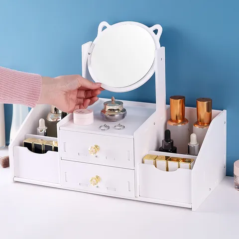 Boîte de Rangement de Maquillage de Bureau Multifonctionnelle Avec Miroir Oreilles de Chat Tiroir Organisateur Cosmétique Panneau PVC