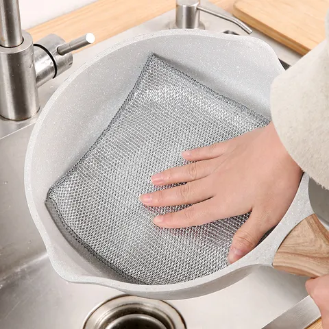Silver Wire Cleaning Cloth Non-Scratch Microfiber Dishcloth For Kitchen Sink Stovetop Reusable Mesh Scouring Pad Washing Towel