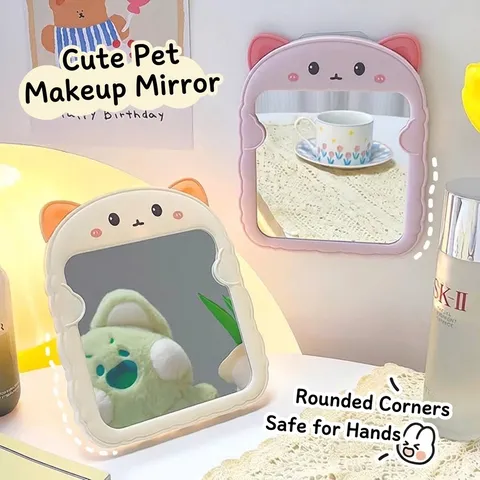 Cartoon Katzen Bärenohr Desktop Make-up Spiegel HD Faltbarer Tragbarer Schminkspiegel Mädchenherz Wohnheim Wandbehang Spiegel Heimdekor