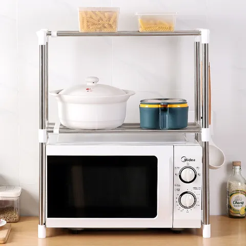 Ausziehbares Mikrowellenregal Aus Edelstahl Arbeitsplatte Mehrschichtiger Aufbewahrungsständer Küche Desktop Ofen Organizer Halterung Mit Haken