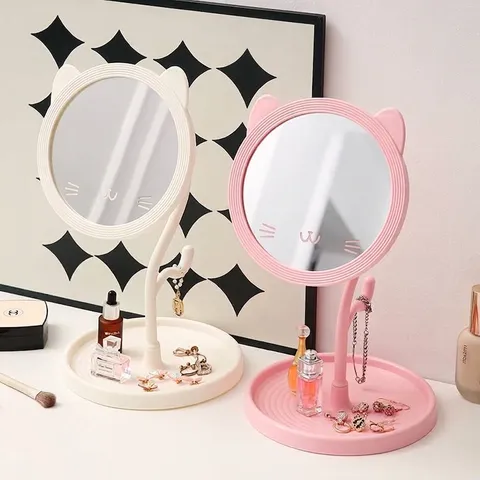 Miroir de Maquillage de Bureau Mignon Forme d'Oreille de Chat Avec Plateau de Rangement pour Bijoux Crochet Cadre en Plastique Miroir Rond