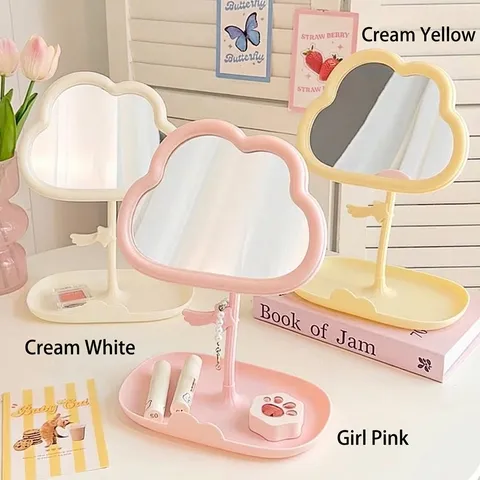 Cloud Shaped Desktop Makeup Mirror With Jewelry Storage Tray Base 360 Rotation Rotating Vanity Mirror For Bedroom Dorm Decor