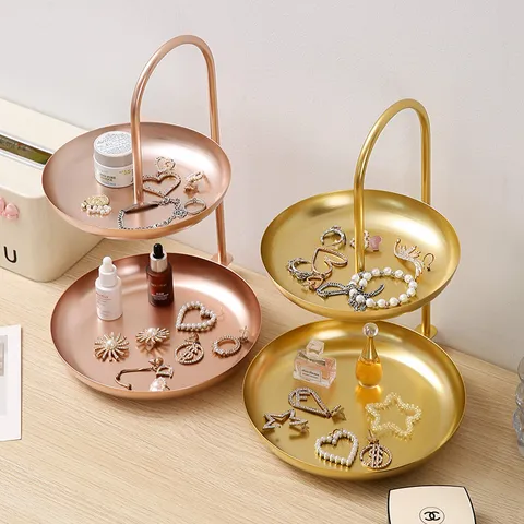 Luxe Dubbellaags IJzeren Fruitschaal Metalen Snack Candy Bord Sieraden Opbergrek Met Handvat Voor Woonkamer Tafel Decor