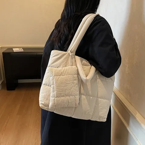 Dames Gewatteerde Puffer Tote Tas Set Grote Capaciteit Nylon Schoudertas Met Kleine Pouch Koreaanse Wintermode Handtas