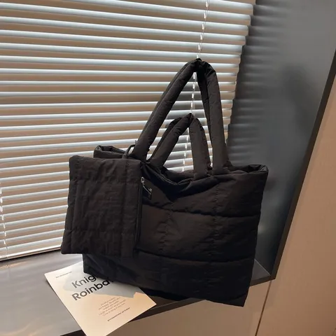 Dames Gewatteerde Puffer Tote Tas Set Grote Capaciteit Nylon Schoudertas Met Kleine Pouch Koreaanse Wintermode Handtas