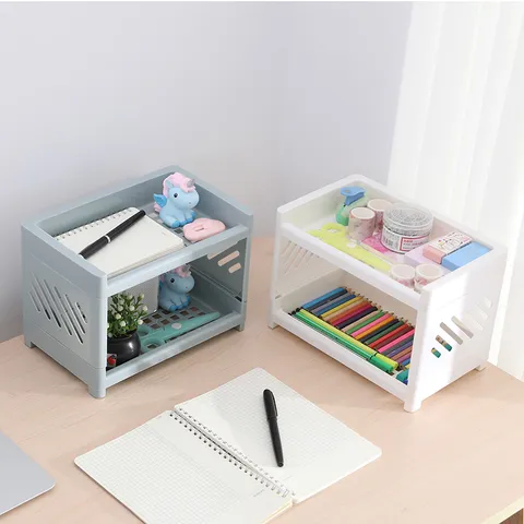 Ins Style Desktop Double Layer Storage Rack Office Stationery Cosmetic Organizer Plastic Hollow Shelf Kitchen Bathroom Holder