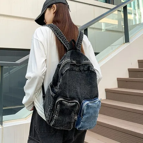 Fashion Denim Backpack For Women Large Capacity Colorblock Gradient Wash Denim Travel Backpack Casual School Student Bag
