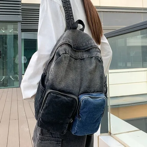 Fashion Denim Backpack For Women Large Capacity Colorblock Gradient Wash Denim Travel Backpack Casual School Student Bag