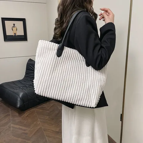 Grote Capaciteit Corduroy Tote Bag Voor Vrouwen Minimalistische Stille Luxe Schoudertas Voor Woon-werkverkeer Casual Effen Kleur Handtas