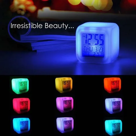 Creative Seven Color Changing LED Digital Alarm Clock Square Luminous Night Light Temperature Calendar For Home Bedroom Student Gift