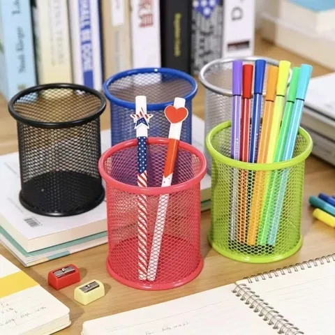 Creative Metal Mesh Pen Holder Hollow Desktop Stationery Organizer Colorful Spray Paint Round Square Pencil Storage Box For Office School