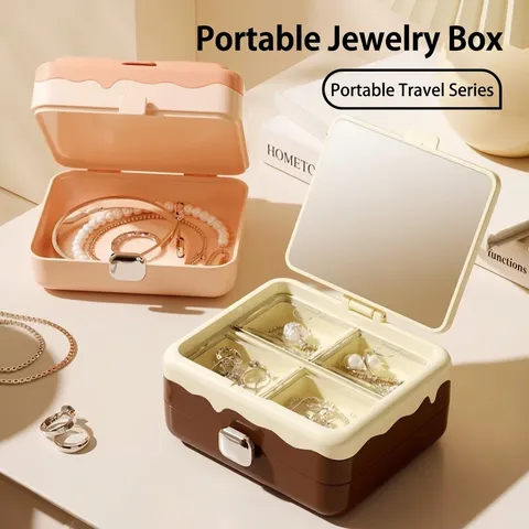 Tragbare Mini Schmuckschatulle Mit Spiegel 4 Fächer Reise Kleine Zubehör Aufbewahrung Organizer Etui Für Ohrringe Ringe Halsketten