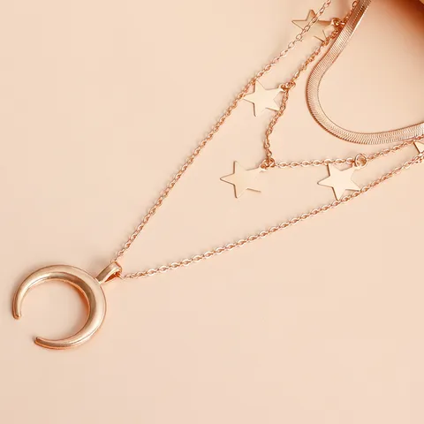 Collana con Pendente a Forma di Stella e Luna Multistrato Boemia Per Donna In Lega Placcata Oro Argento Gioielli di Moda