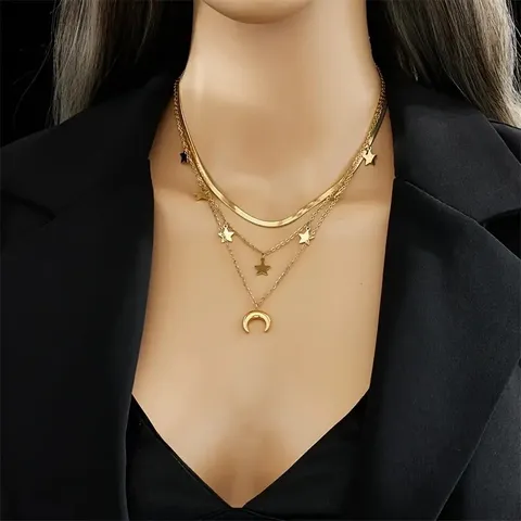 Collana con Pendente a Forma di Stella e Luna Multistrato Boemia Per Donna In Lega Placcata Oro Argento Gioielli di Moda