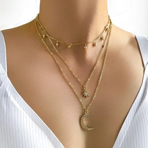 Collana a Strati in Lega Bohémien Europea per Donna Gioielli con Ciondolo a Stella Mezzaluna con Strass Oro Argento Collana a Catena Multigiro Regalo