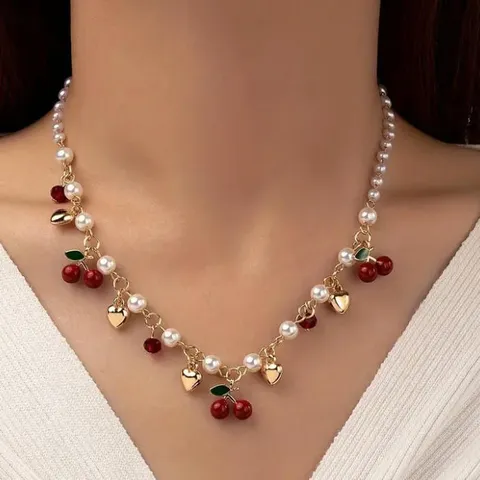 Collana con Pendente a Cuore e Ciliegia Dolce per Donna Catena da Clavicola in Lega e Perle Artificiali Gioielli Moda