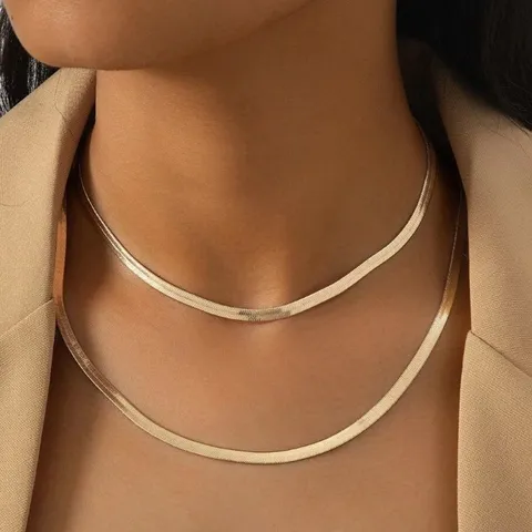 Collana a Doppio Strato in Catena Piatta Herringbone e Set Bracciale per Donna Uomo Lega Minimalista Punk Catena da Collo
