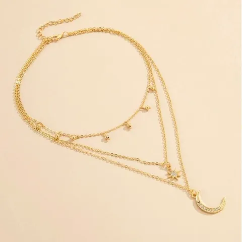 Collana a Strati in Lega Bohémien Europea per Donna Gioielli con Ciondolo a Stella Mezzaluna con Strass Oro Argento Collana a Catena Multigiro Regalo