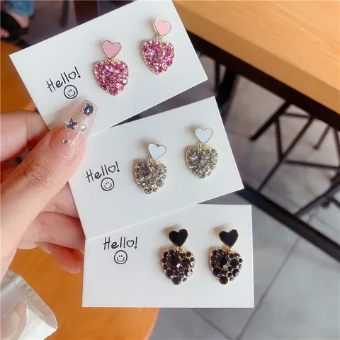 Korean Style Heart Square Enamel Stud Earrings Silver-Plated Full Rhinestone Studs Geometric Earrings For Women Jewelry Gift