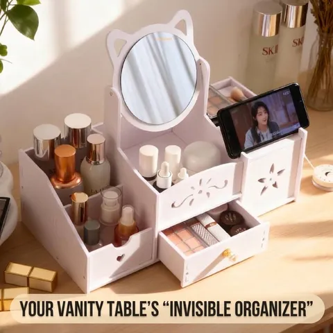 Desktop Makeup Mirror Storage Box With Drawer Cute Cat Ear Mirror Portable Cosmetic Organizer White Plastic Vanity Mirror For Dormitory