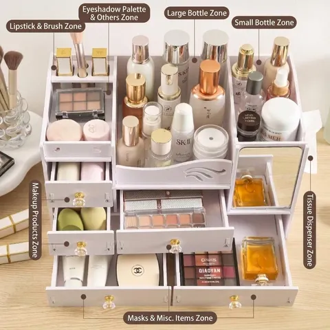 Boîte de Rangement Cosmétique en Plastique de Bureau Avec Miroir Organisateur de Maquillage à Tiroirs pour Produits de Soin