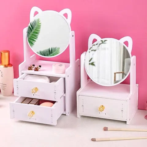 Specchio da Trucco Kawaii con Orecchie di Gatto con Cassetti Bianco WPC Specchio Decorativo per Toeletta per Ragazze Dormitorio