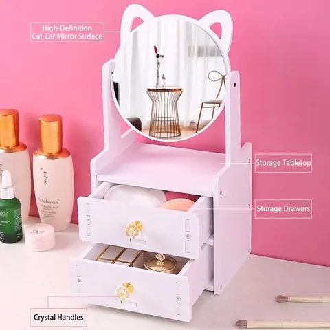 Specchio da Trucco Kawaii con Orecchie di Gatto con Cassetti Bianco WPC Specchio Decorativo per Toeletta per Ragazze Dormitorio