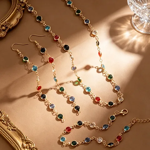 Bohemian Alloy Rhinestone Jewelry Set For Women Multicolor Heart Pendant Necklace Long Drop Earrings Wave Chain Bracelet