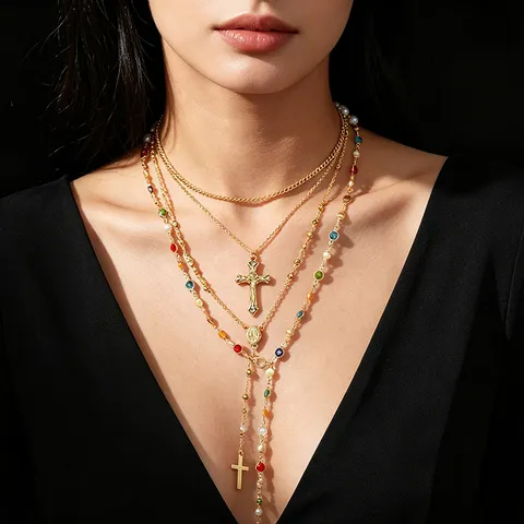 Collana a Y Multistrato da Donna Moda Occidentale Oro Argento Lega Strass Croce Sole Moneta Ciondolo Nappina Collana