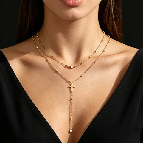 Elegante Collana da Donna a Forma di Y con Nappa in Lega Placcata Oro Perla Artificiale Strass Croce Catena di Perline Collana della Clavicola