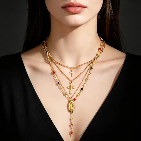 Collana a Y Multistrato da Donna Moda Occidentale Oro Argento Lega Strass Croce Sole Moneta Ciondolo Nappina Collana
