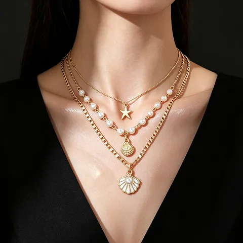 Collana a Strati Stile Oceano da Donna Oro Argento Lega Perla Artificiale Stella Marina Conchiglia Pendente Girocollo Gioielli