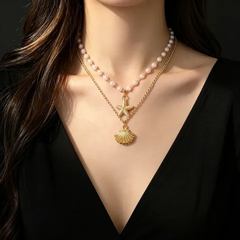 Collana a Strati Stile Oceano da Donna Oro Argento Lega Perla Artificiale Stella Marina Conchiglia Pendente Girocollo Gioielli