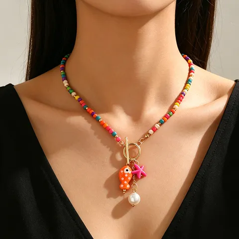 Collana Bracciale con Ciondolo a Tema Oceano Bohemien in Lega Ceramica Pesce Stella Marina Perla Artificiale Gioielli Donna
