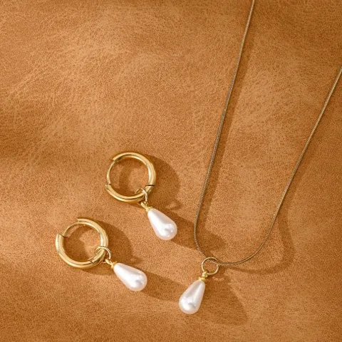 Set di Gioielli in Lega con Perle Artificiali Collana a Catena a Osso di Serpente Orecchini con Perle a Goccia d'Acqua da Donna
