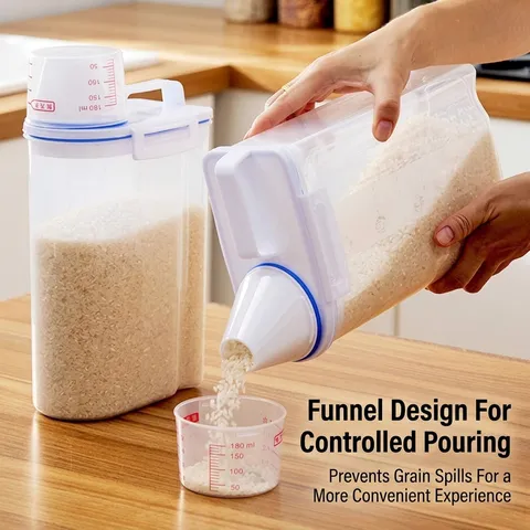 Transparent PP Food Storage Jar With Graduated Measuring Cup Lid Handle Sealed Moisture Proof Kitchen Grain Container