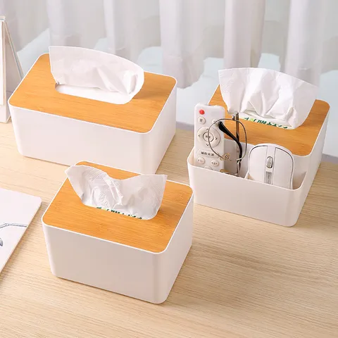 Minimalist Desktop Tissue Organizer Multi-functional Container With Bamboo Lid Plastic Remote Control Holder Living Room Bathroom Sundries Case