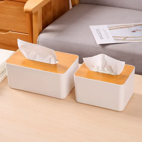 Minimalist Desktop Tissue Organizer Multi-functional Container With Bamboo Lid Plastic Remote Control Holder Living Room Bathroom Sundries Case